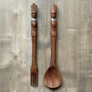 Vintage Hand Carved Tiki Fork Spoon Set MCM African Wood Serving Utensils Tribal